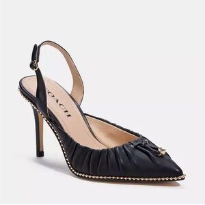 New COACH Winona Black Leather Studded Logo Slingback Heels Shoes C6761 Size 8B
